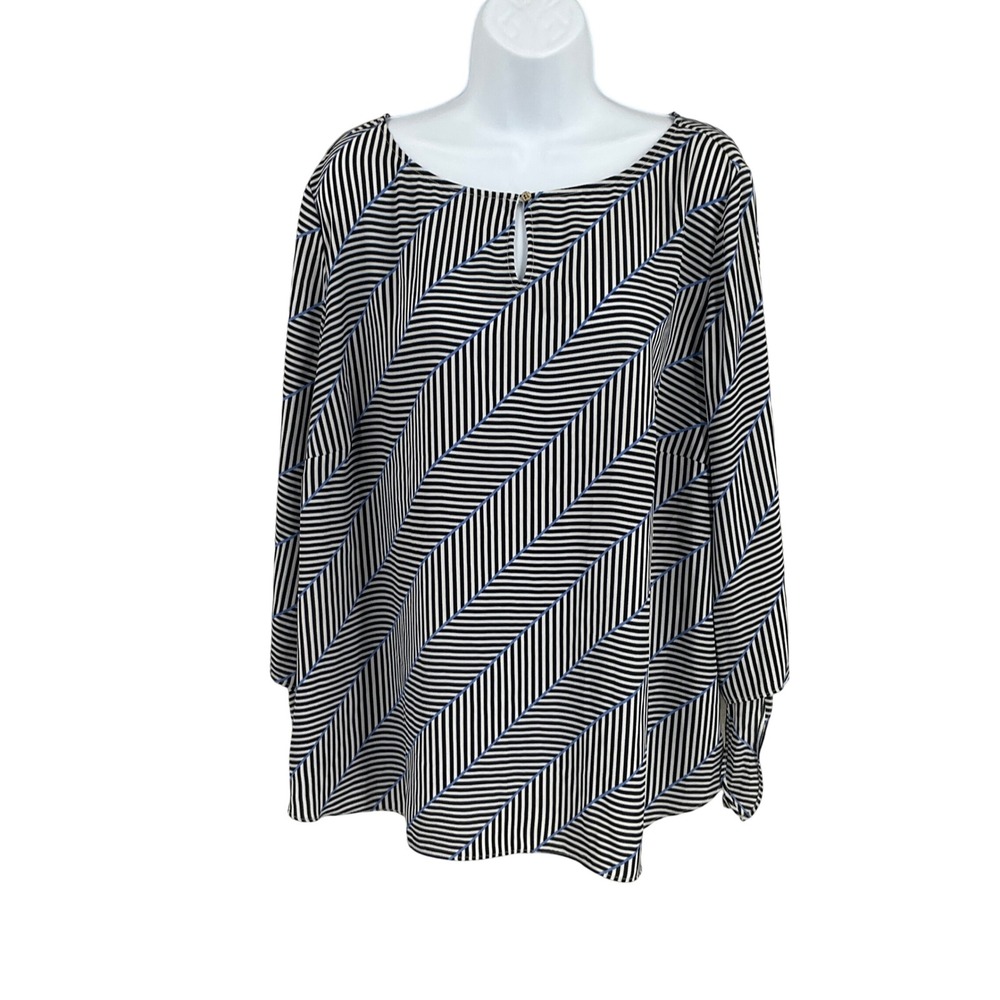 Talbots Blouse Women‎ 2XP Black White Striped Tie Cuff Nautical Career Modest